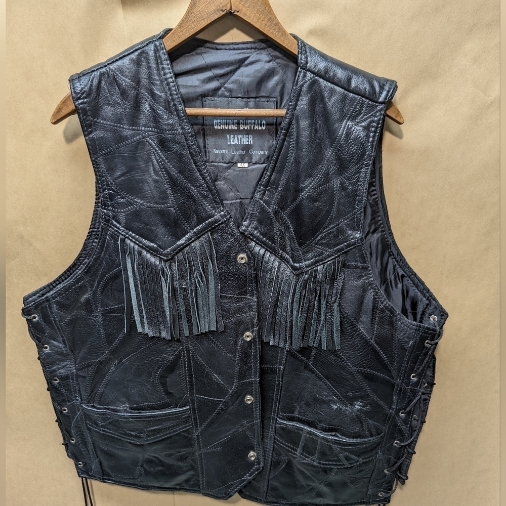 Navarre Leather Co Genuine Buffalo Fringe Vest Italian Stone Men's sz 4X Black